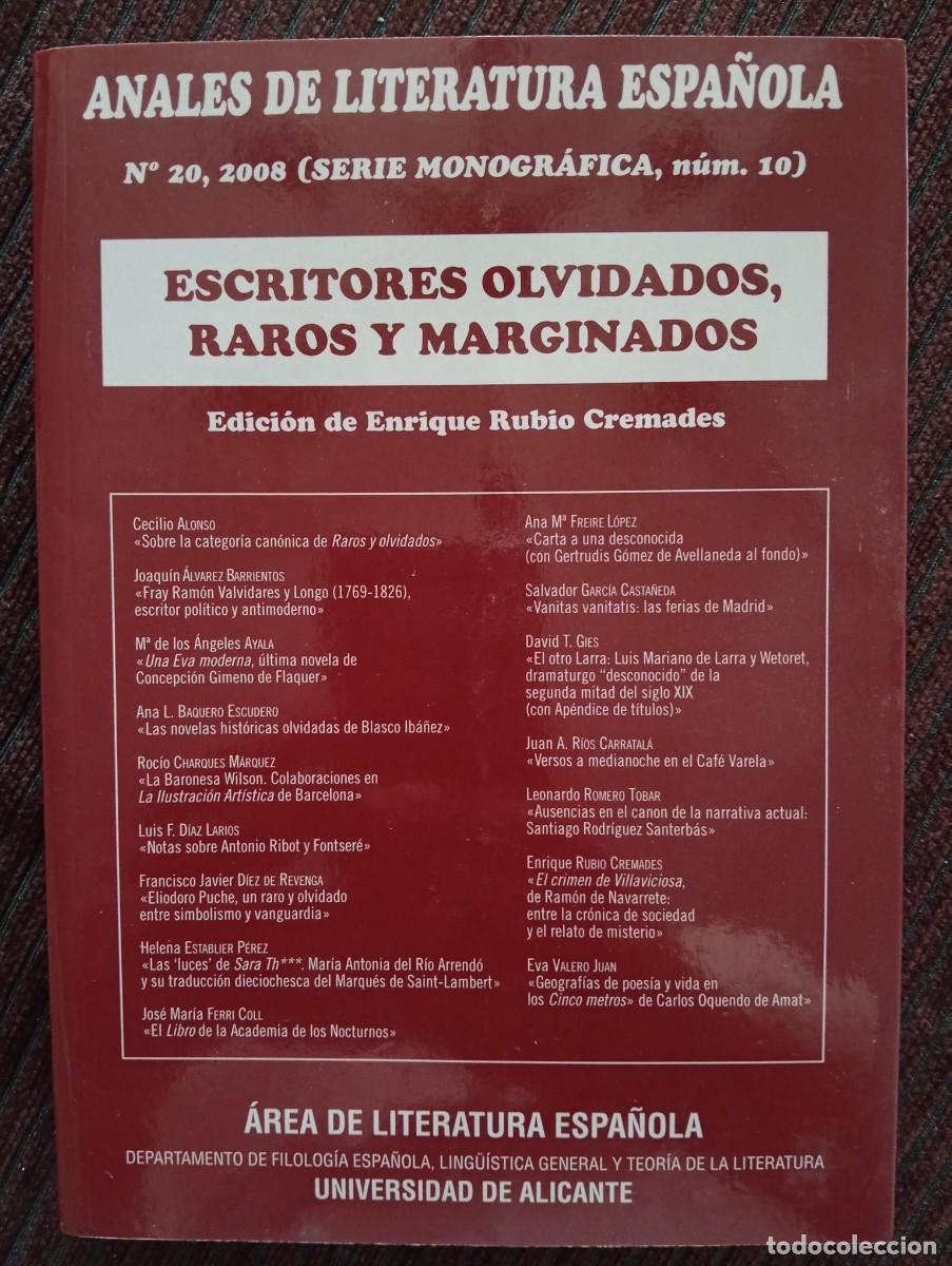 Libros de segunda mano: Anales de Literatura Espa&ntilde;ola N&ordm;20 (Monogr&aacute;fica, N&ordm; 10) Escritores olvidados, raros y marginados