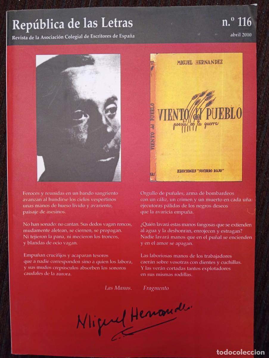 Libros de segunda mano: Rep&uacute;blica de las Letras 116. Miguel Hern&aacute;ndez. Revista de la Asociaci&oacute;n Colegial de Escritores