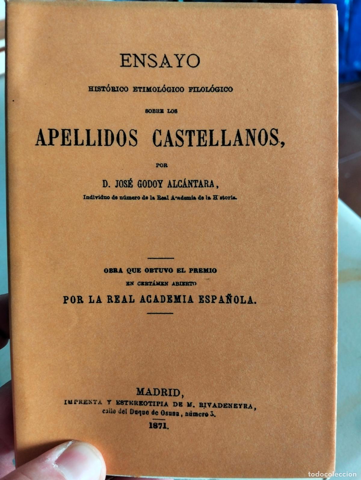 Libros de segunda mano: Apellidos Castellanos, Jose Godoy Alcantara, Tip. Rivadeneyra, 1871, Facsimil. VISITA MI CATALOGO