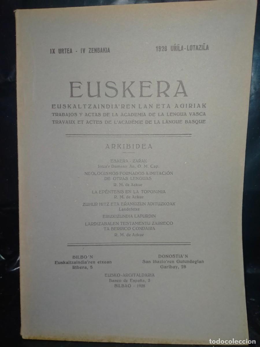 Libros de segunda mano: EUSKERA(TRABAJOS Y ACTAS DE LA ACADEMIA DE LA LENGUA VASCA) 1928 - Foto 1