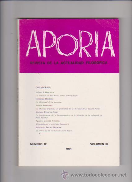 Second hand books: APORIA - ACTUALIDAD FILOSOFICA - N&ordm; 12 / VOLUMEN III - RAIMUNDO DRUDIS, EDITOR 1981