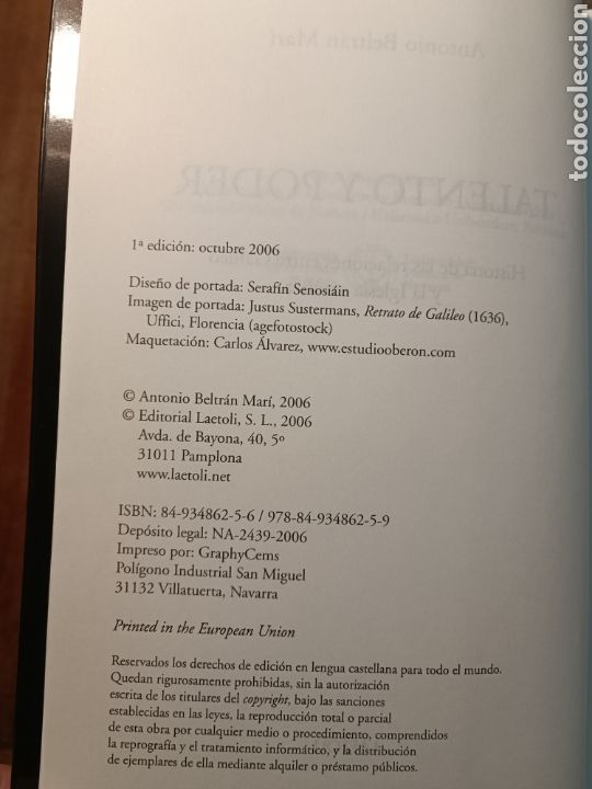 Libros de segunda mano: Talento y Poder Antonio Beltr&aacute;n Mar&iacute; Editorial Laetoli, primera edici&oacute;n 2006. - Foto 3