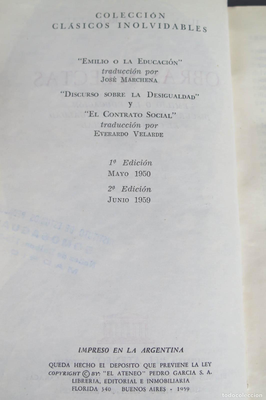 Libros de segunda mano: Obras selectas. Jean-Jacques Rousseau. 1959 - Foto 2