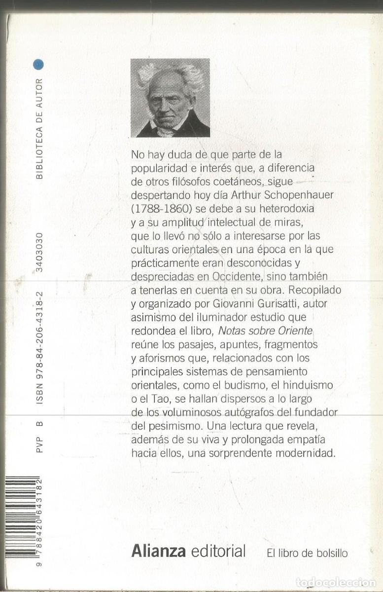 Libros de segunda mano: ARTHUR SCHOPENHAUER. NOTAS SOBRE ORIENTE. ALIANZA EDITORIAL - Foto 2