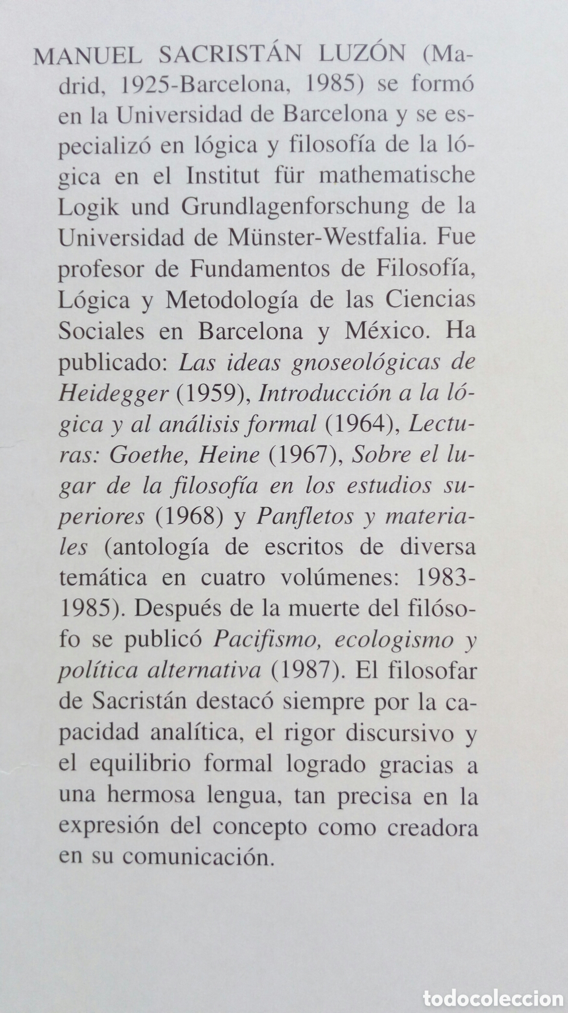 Libros de segunda mano: Las ideas gnoseol&oacute;gicas de Heidegger. Manuel Sacrist&aacute;n Luz&oacute;n. - Foto 3