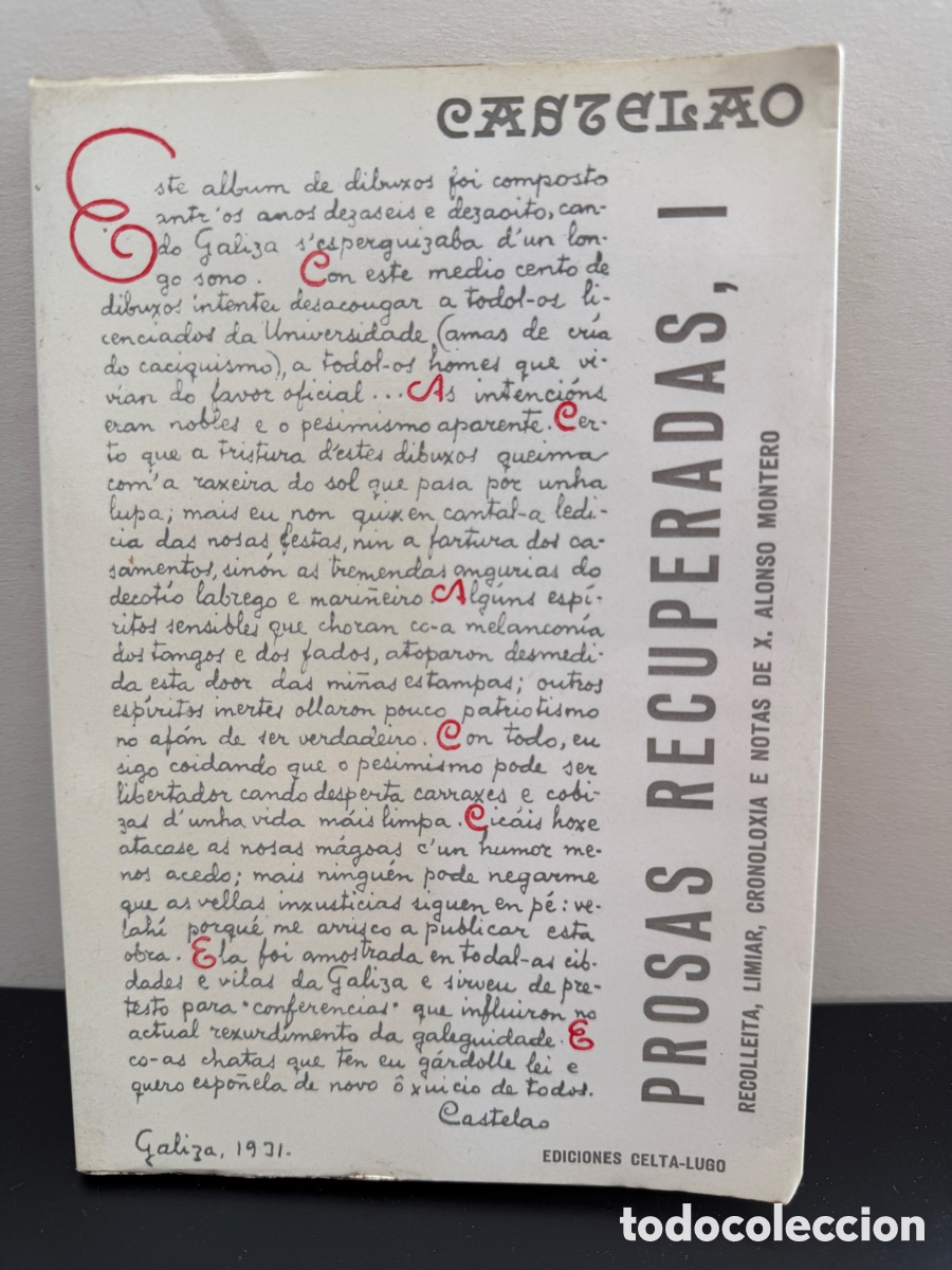 Libros de segunda mano: Castelao - Prosas Recuperadas, I (Ediciones Celta-Lugo, 1974)