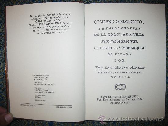 Libros de segunda mano: Compendio Hist&oacute;rico de madrid, 1786 FACCIMIL 1978 Josef Antonio Alvarez y Baena