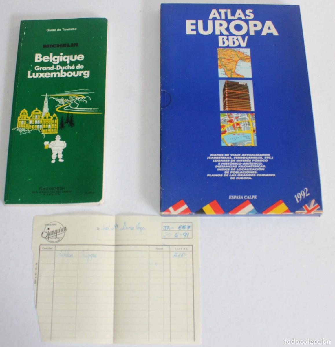 Libros de segunda mano: Lote Viajero 1991-92: Gu&iacute;a Michelin B&eacute;lgica/Luxemburgo + Atlas Europa BBV + Factura Original Librer&iacute;