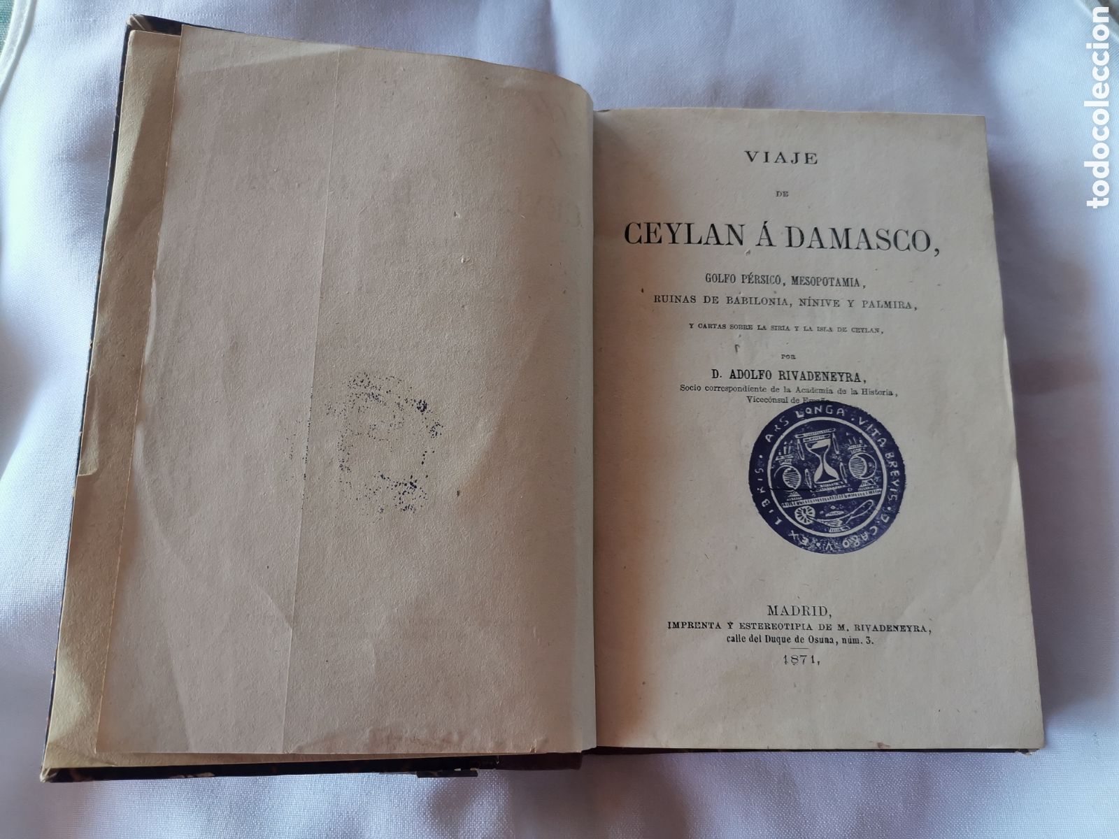 Libros de segunda mano: Viaje de Ceylan &aacute; Damasco. Adolfo Rivadeneyra. 1871.