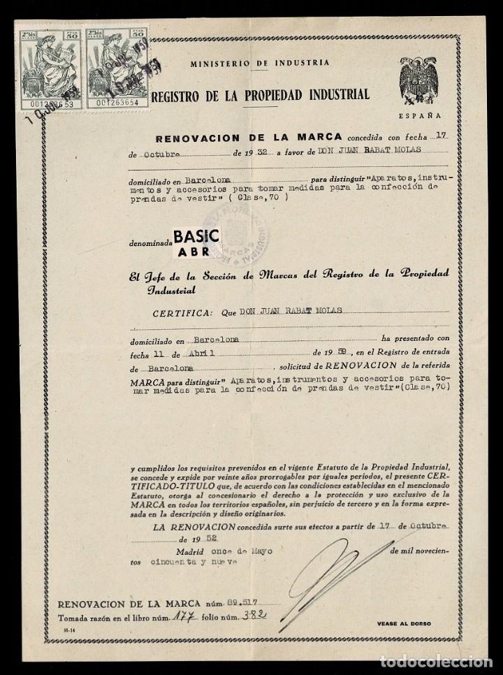 Second hand books: L30-35 GUERRA CIVIL Registro de la Propiedad Industrial RENOVACION DE MARCA a favor de D. JUAN RABAT