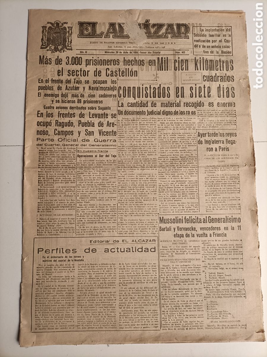 Second hand books: Peri&oacute;dico El Alc&aacute;zar 1938 Castell&oacute;n. Frente del Tajo . Frentes de Levante historia militar