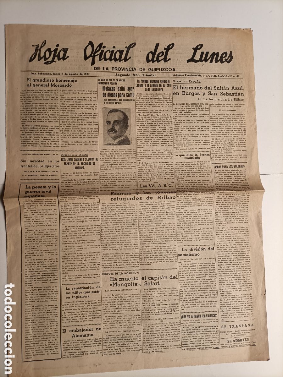 Libros de segunda mano: Hoja oficial del lunes de la provincia de Guip&uacute;zcoa 1937 . Historia militar temas vascos
