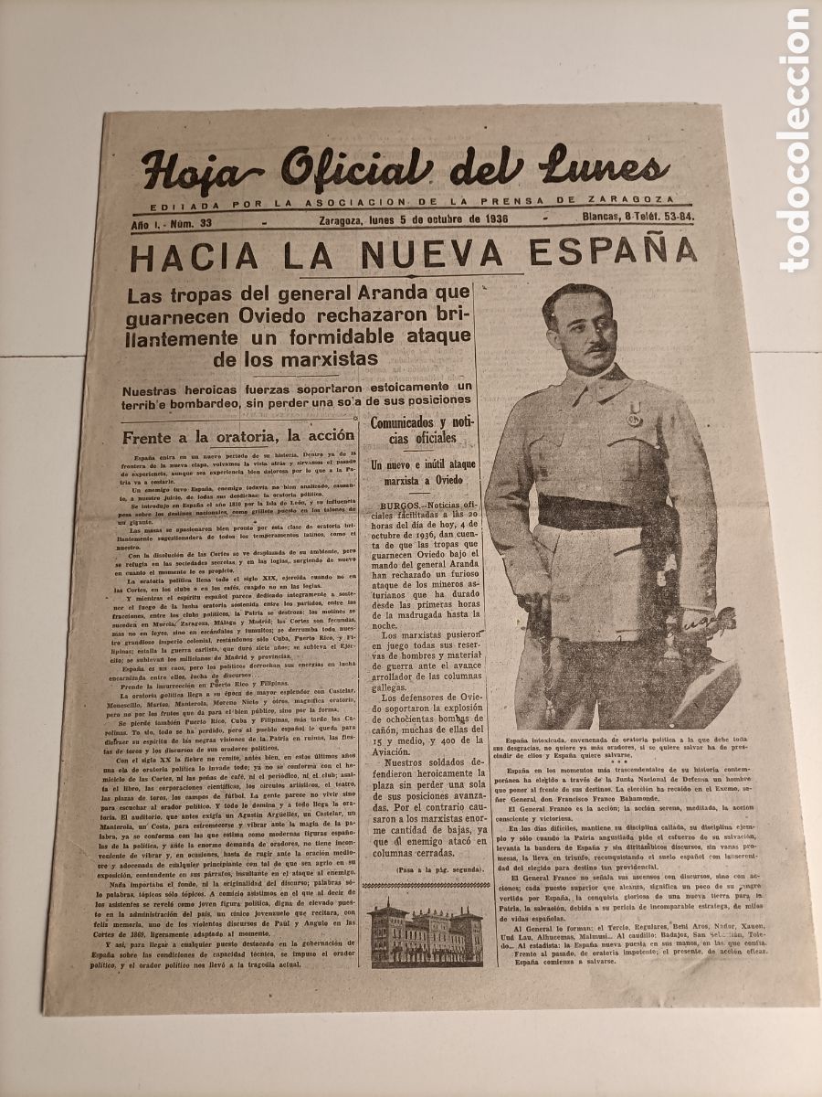Second hand books: Hoja oficial del lunes . Zaragoza 5octubre de 1936 ..historia militar temas aragoneses