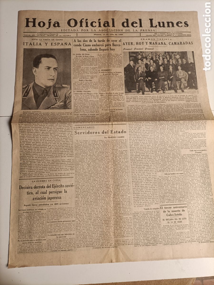 Gebrauchte B&uuml;cher: Hoja oficial del lunes editada por la asociaci&oacute;n de la prensa 1939 julio