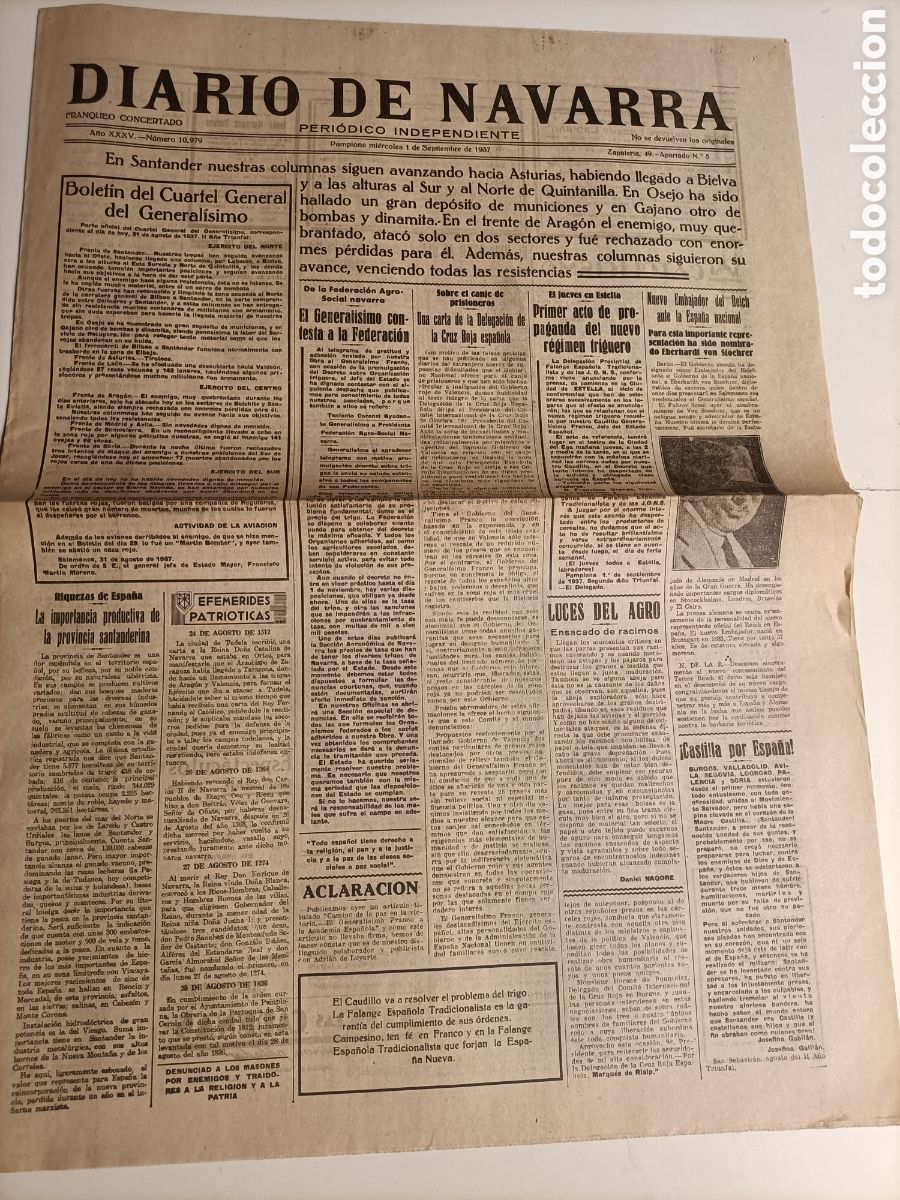 Second hand books: Diario de Navarra peri&oacute;dico independiente 1937 Santander... Guerra civil historia militar
