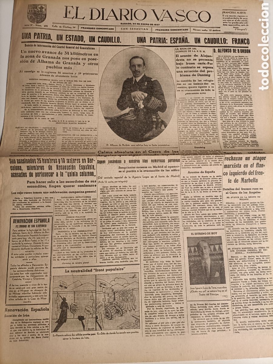 Gebrauchte B&uuml;cher: El diario Vasco San Sebasti&aacute;n s&aacute;bado 23 de enero de 1937 una patria un estado un caudillo Franco..
