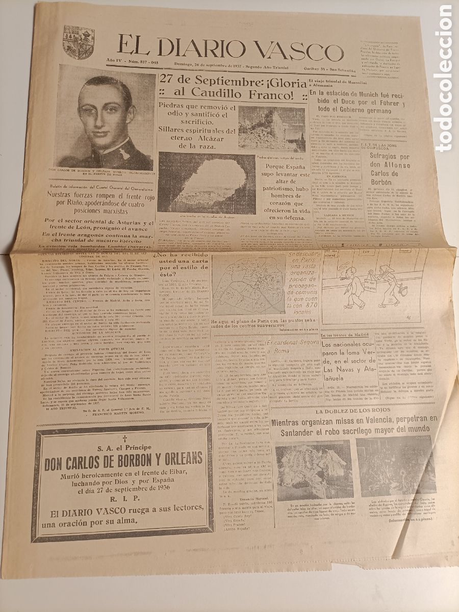 Second hand books: El diario Vasco. San Sebasti&aacute;n domingo 26 de septiembre de 1937.. guerra civil historia mili