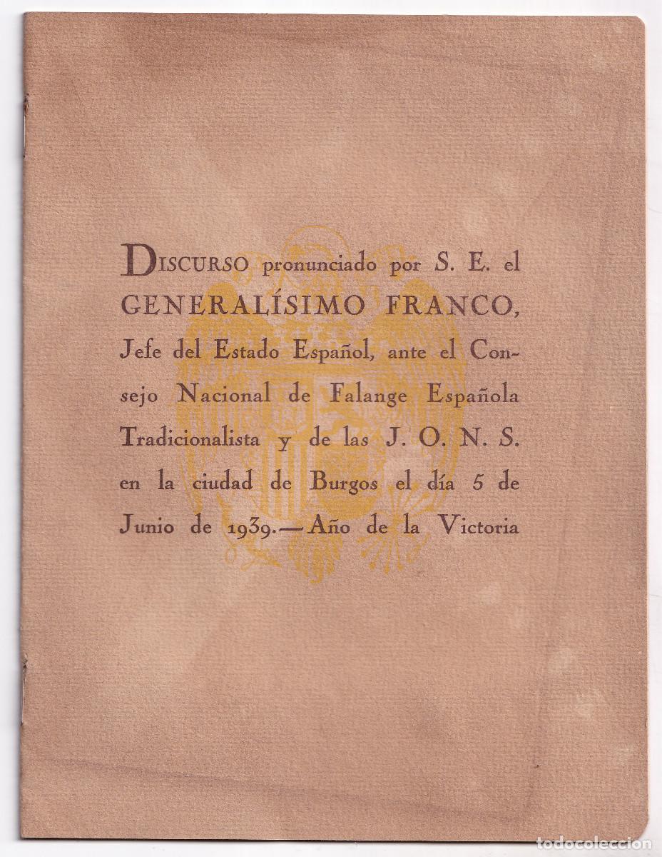 Gebrauchte B&uuml;cher: DISCURSO DEL GENERAL&Iacute;SIMO FRANCO ANTE EL CONSEJO NACIONAL DE FALANGE. BURGOS, 5 JUNIO 1939