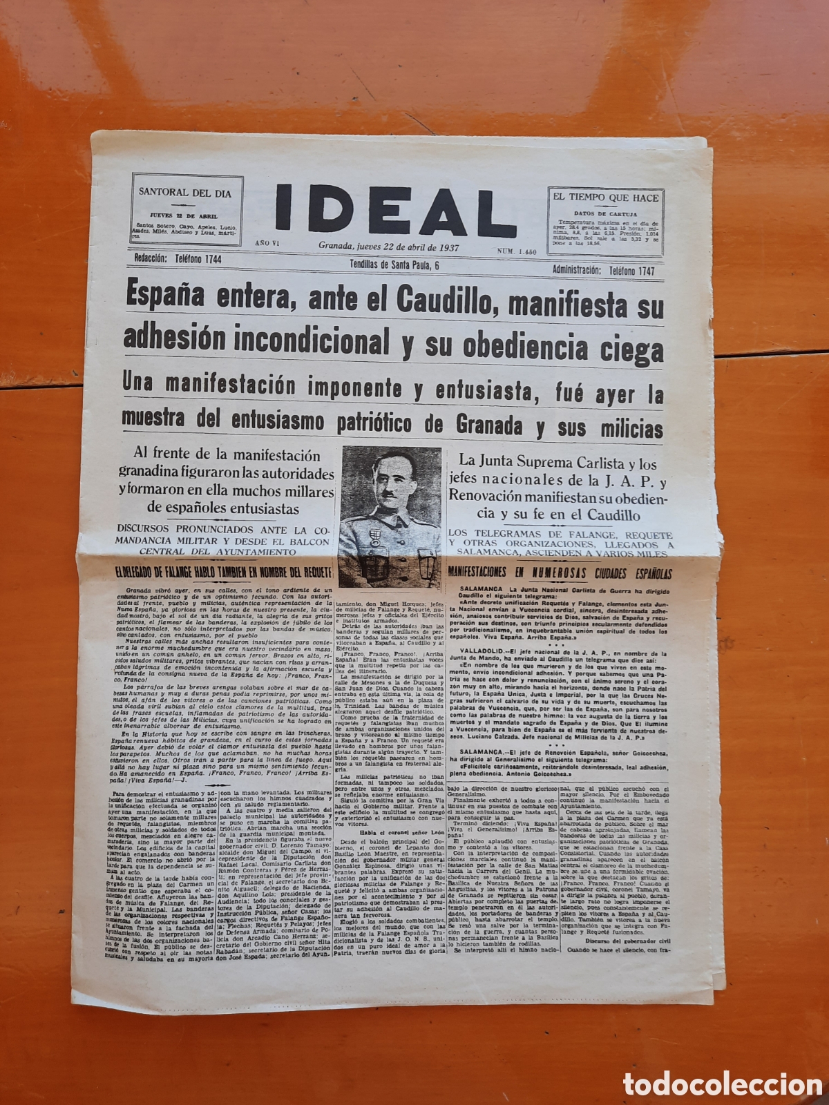 Second hand books: FACS&Iacute;MIL DEL PERIODICO IDEAL 22 DE ABRIL DE 1937 FRANCO EN GRANADA