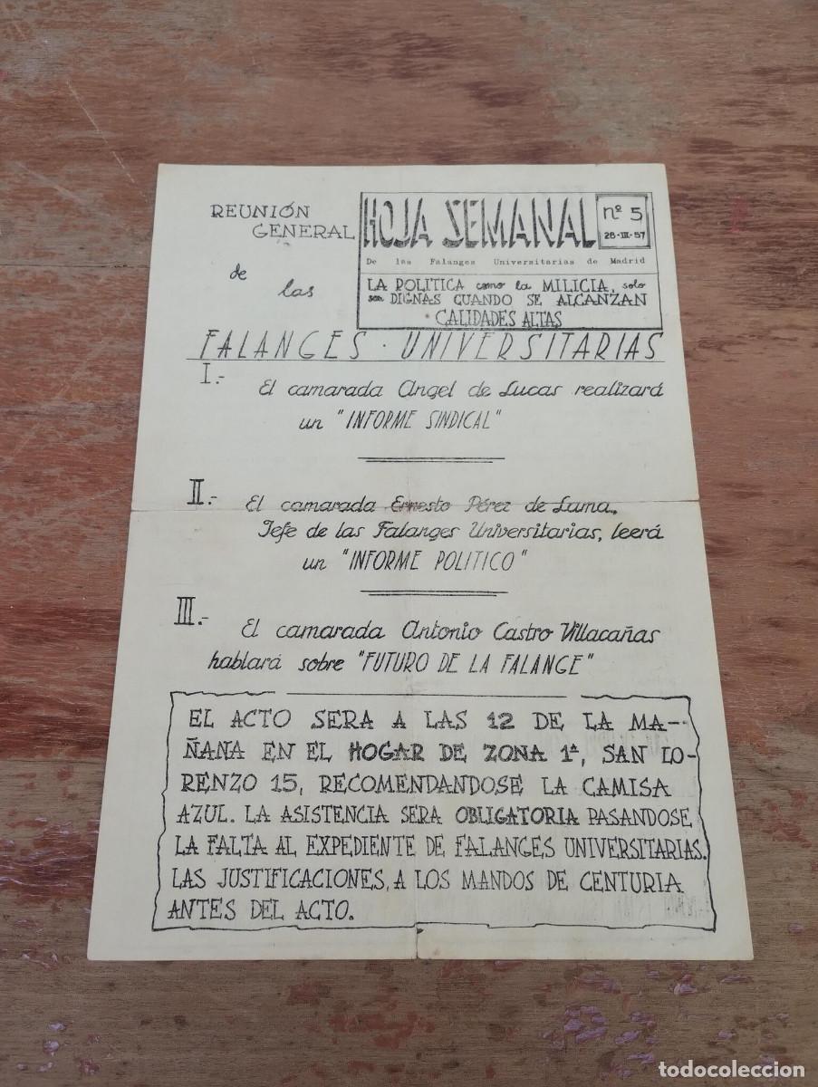 Second hand books: HOJA SEMANAL DE LAS FALANGES UNIVERSITARIAS DE MADRID N&ordm; 5 - 1957
