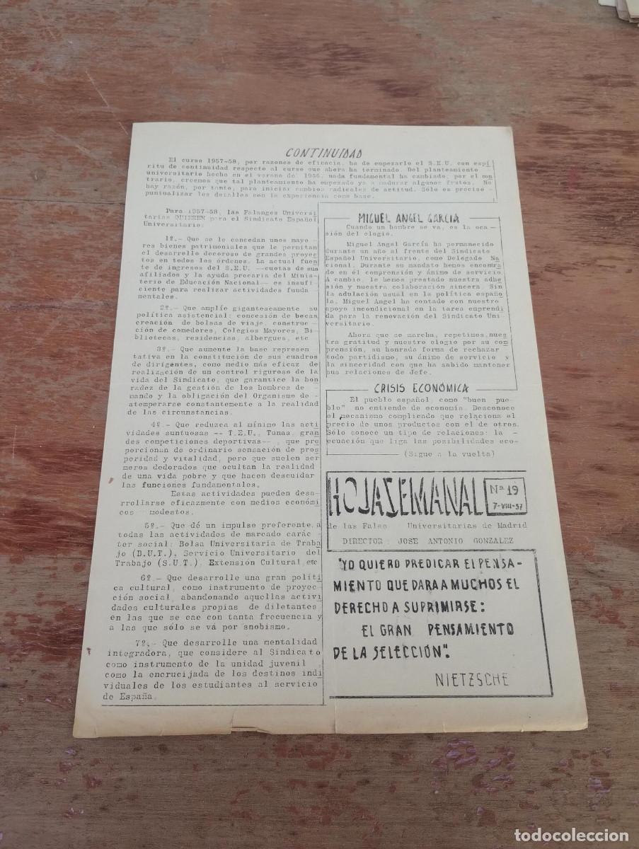 Libros de segunda mano: HOJA SEMANAL DE LAS FALANGES UNIVERSITARIAS DE MADRID N&ordm; 19 - 1957