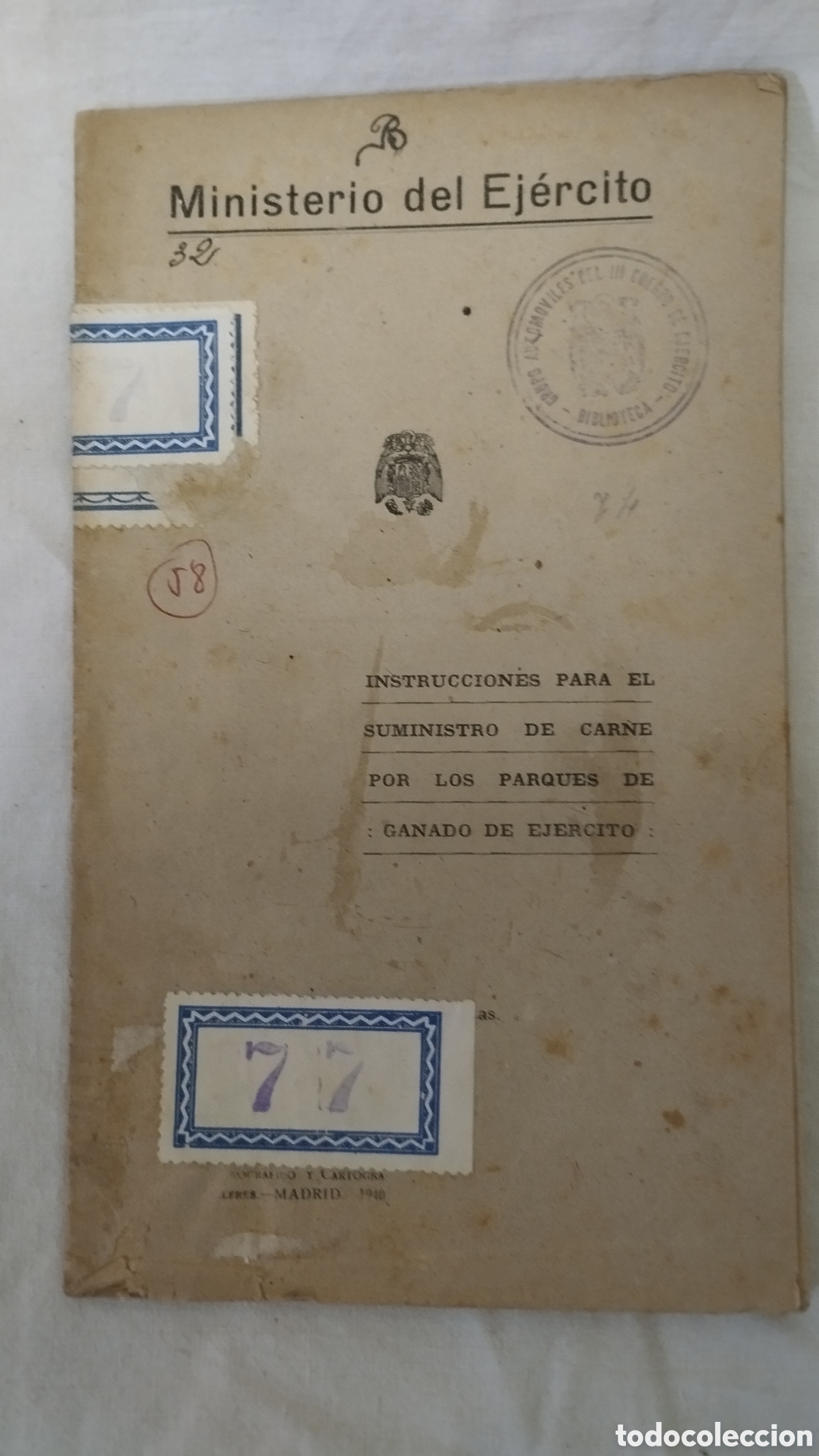 Libri di seconda mano: Cartilla de instrucciones para el suministro de carne por parque de ganado del ej&eacute;rcito 1940.