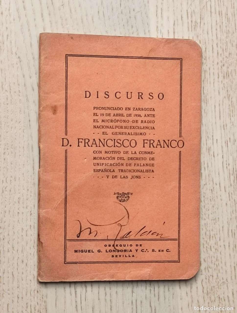 Libros de segunda mano: DISCURSO pronunciado en Zaragoza el 19 de Abril de 1938 ante el micr&oacute;fono de Radio Nacional - FRANCI