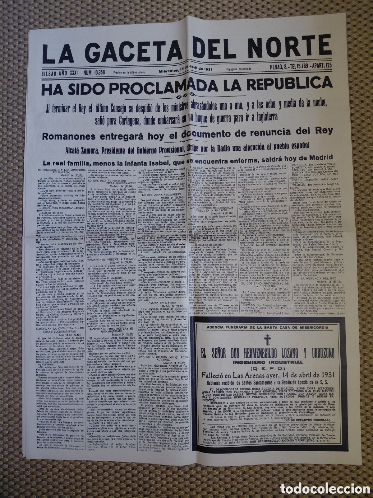 Libros de segunda mano: (Facsimil) LA GACETA DEL NORTE 15 de Abril de 1931 PROCLAMADA LA REPUBLICA BILBAO A&Ntilde;O XXXI hoja de p