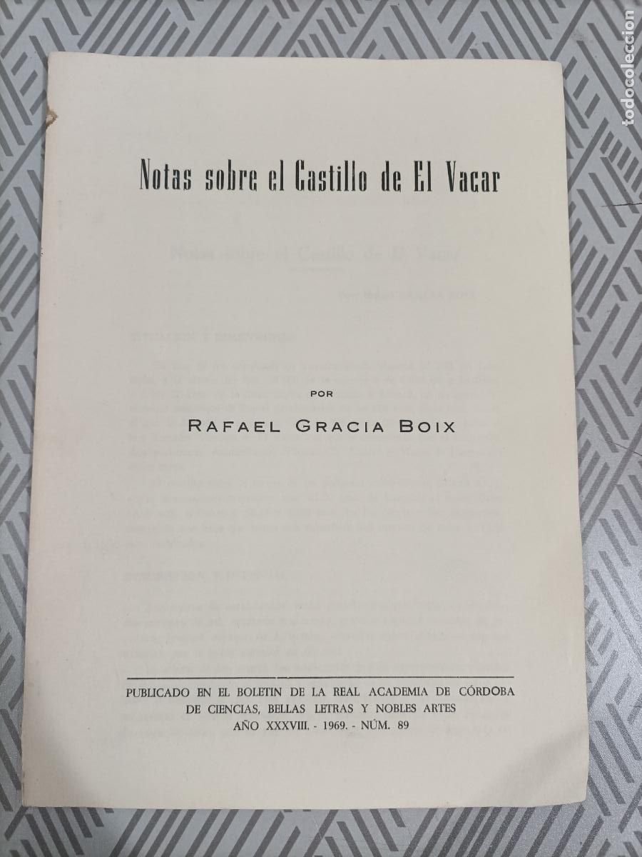 Second hand books: Notas sobre el Castillo del Vacar. Cordoba 1969