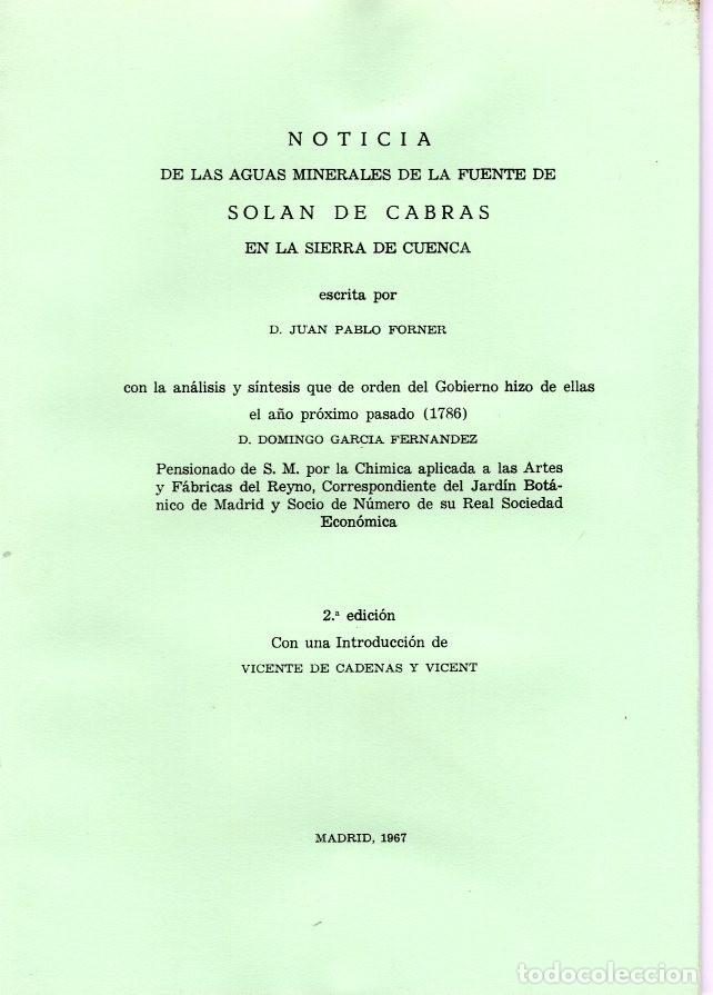 Libros de segunda mano: NOTICIA DE LAS AGUAS MINERALES DE LA FUENTE DE SOLAN DE CABRAS