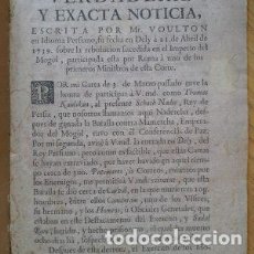 Libros de segunda mano: 1740 RARÍSIMA OBRA, DOCUMENTO. VERDADERA Y EXACTA NOTICIA ESCRITA POR MR. VOULTON,