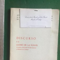 Libros de segunda mano: DISCURSO DE LICINIO DE LA FUENTE + TARJETA VISITA MINISTRO