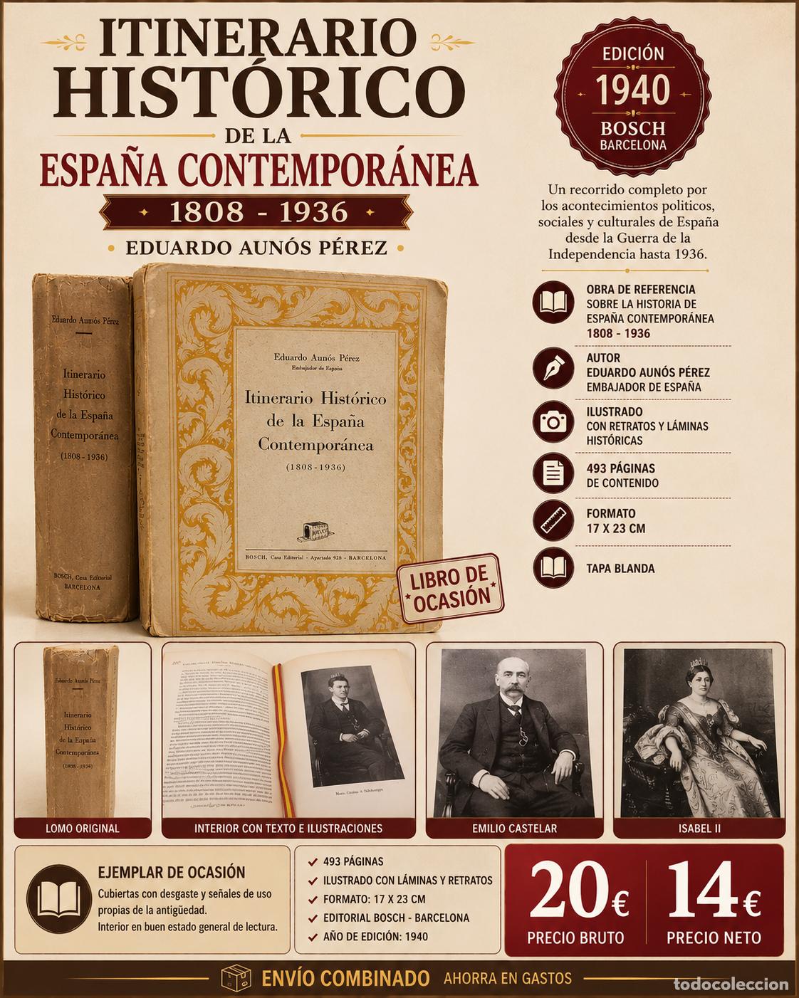 Libros de segunda mano: LIBRO 1940 | ITINERARIO HIST&Oacute;RICO DE LA ESPA&Ntilde;A CONTEMPOR&Aacute;NEA | EDUARDO AUN&Oacute;S
