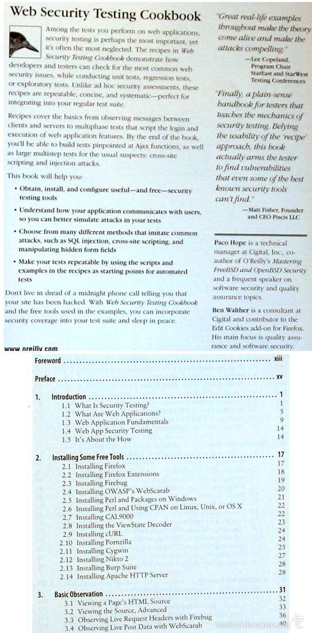 Libros de segunda mano: WEB SECURITY TESTING COOKBOOK - PACO HOPE / BEN WALTHER - OREILLY 2009 - VER INDICE - Foto 2