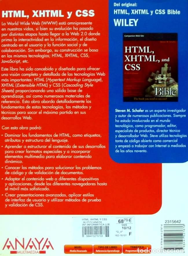 Libros de segunda mano: HTML, XHTML Y CSS - STEVEN M. SCHAFER - ANAYA 2010 - 800 P&Aacute;GINAS - VER INDICE - Foto 2