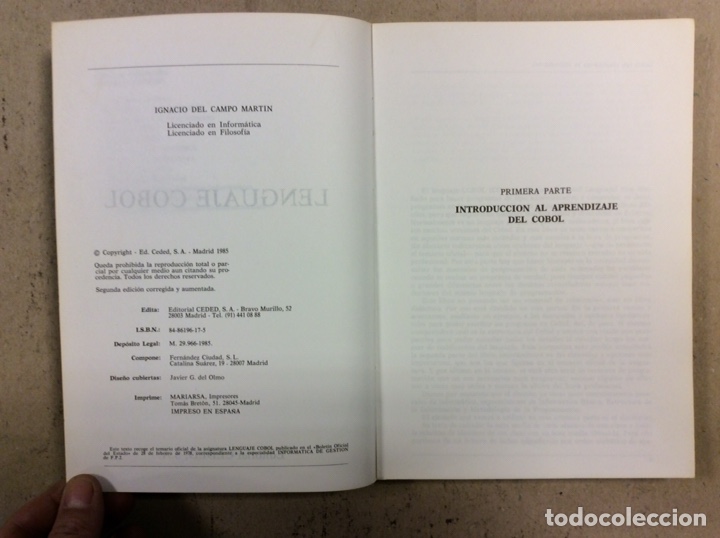 Libros de segunda mano: LENGUAJE COBOL. IGNACIO DEL CAMPO MART&Iacute;N. EDITORIAL CEDED 1985 - Foto 3