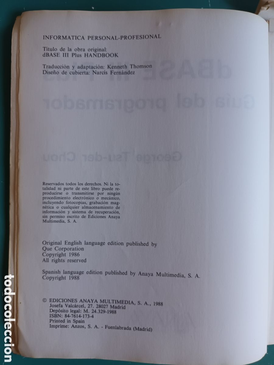 Libros de segunda mano: dBASE III Plus. Gu&iacute;a del Programador. George Tsu-der Chou. 1988 - Foto 2