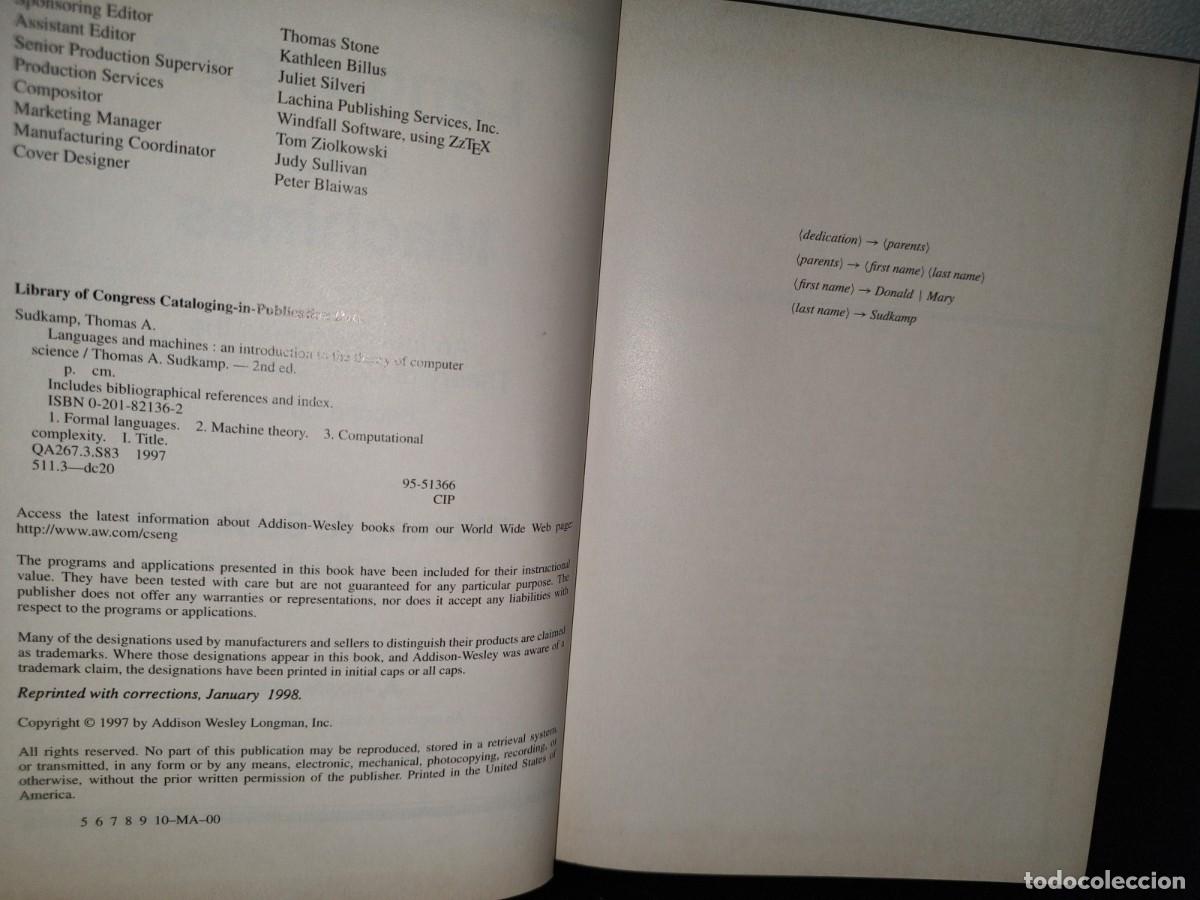 Libros de segunda mano: 68- LANGUAGES AND MACHINES. SECOND EDITION - THOMAS A. SUDKAMP - 1998 - Foto 5