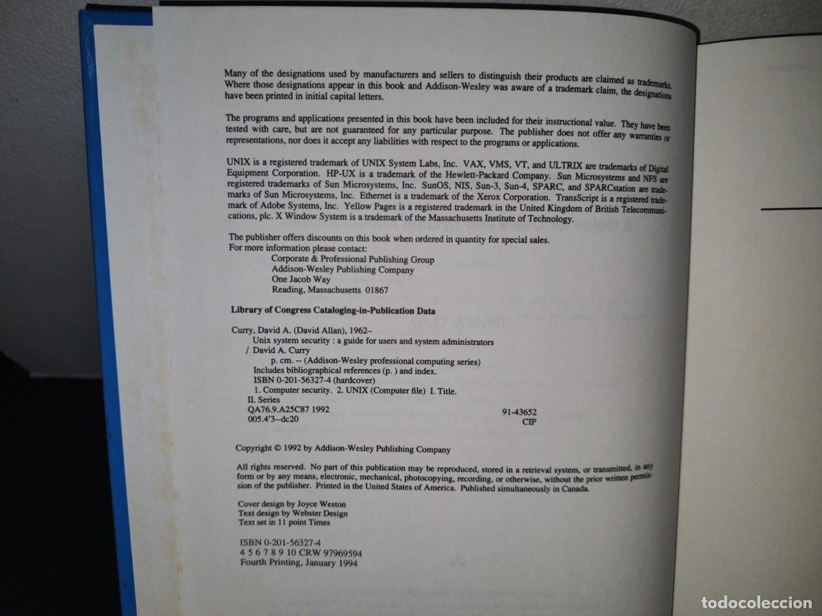 Libros de segunda mano: 13- UNIX SYSTEM SECURITY. A GUIDE FOR USERS AND SYSTEM ADMINISTRATORS - DAVID A. CURRY - 1994 - Foto 5