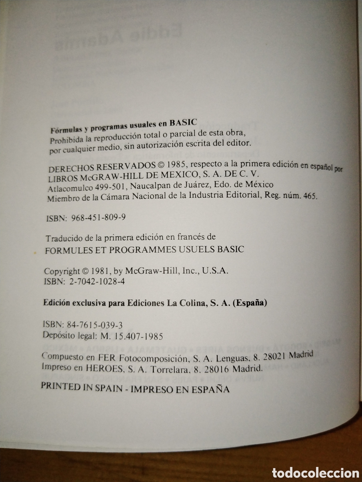 Libros de segunda mano: F&oacute;rmulas y programas usuales en BASIC. Eddie Adamis. McGraw Hill - Foto 3