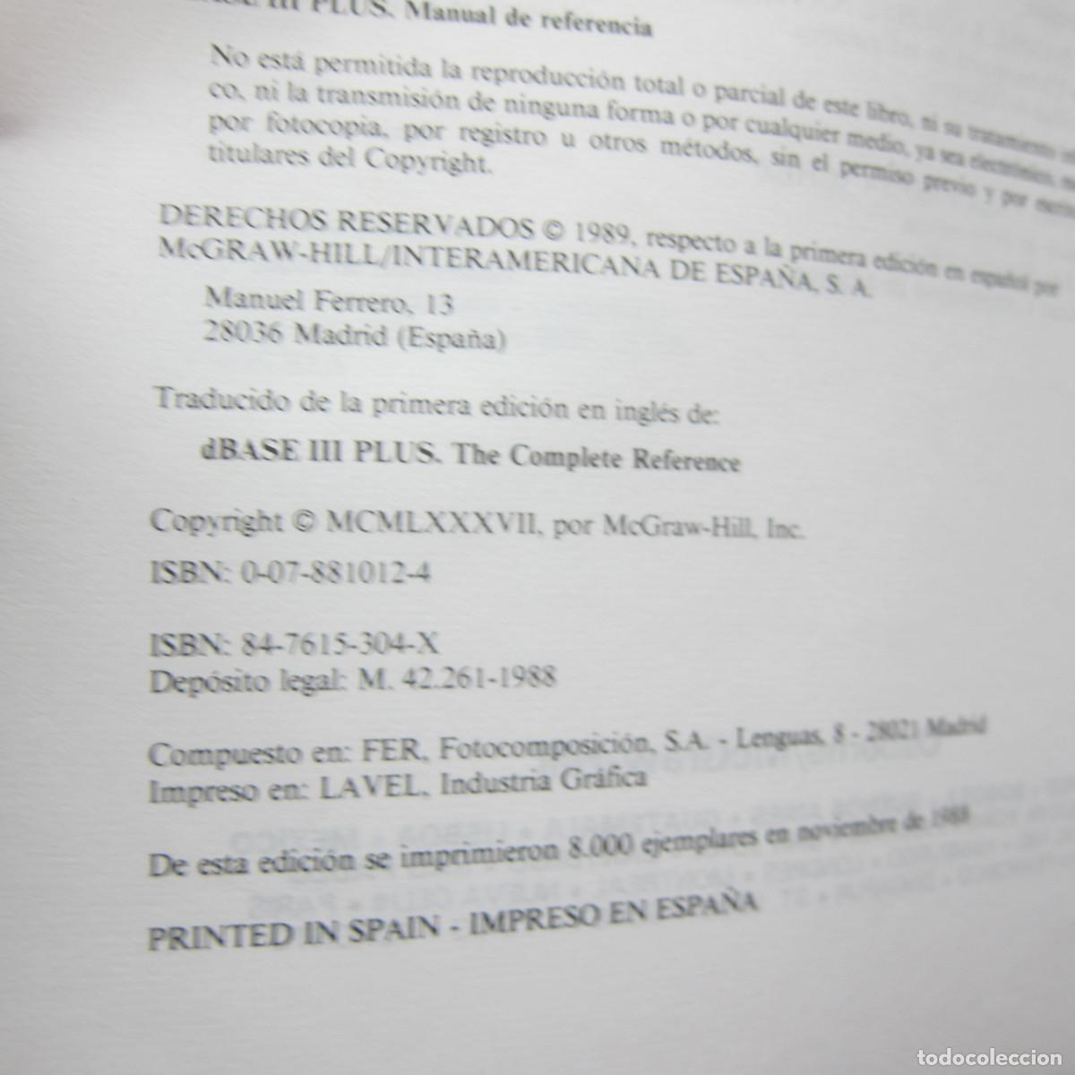 Libros de segunda mano: dBASE III PLUS. MANUAL DE REFERENCIA - JOSEPD-DAVIS CARRABIS (MCGRAWHILL) INFORM&Aacute;TICA - Foto 4