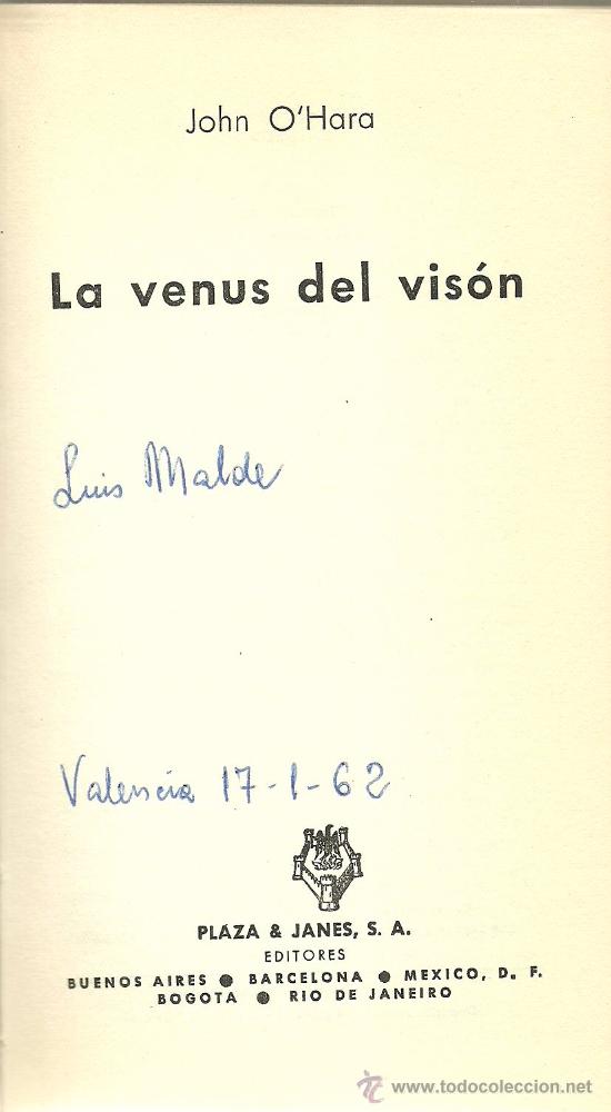 Libros de segunda mano: La venus del vis&oacute;n / John OHara - 1961 - Foto 1