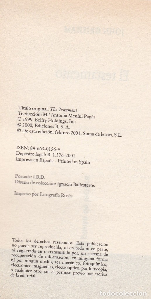 Libros de segunda mano: Libros. John Grisham. El Testamento. 2001 - Foto 2