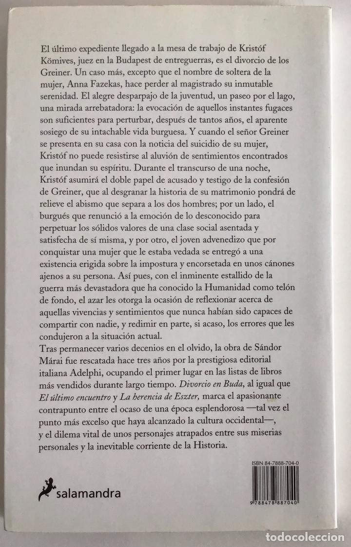 Libros de segunda mano: DIVORCIO EN BUDA / S&Aacute;NDOR M&Aacute;RAI / SALAMANDRA - Foto 3