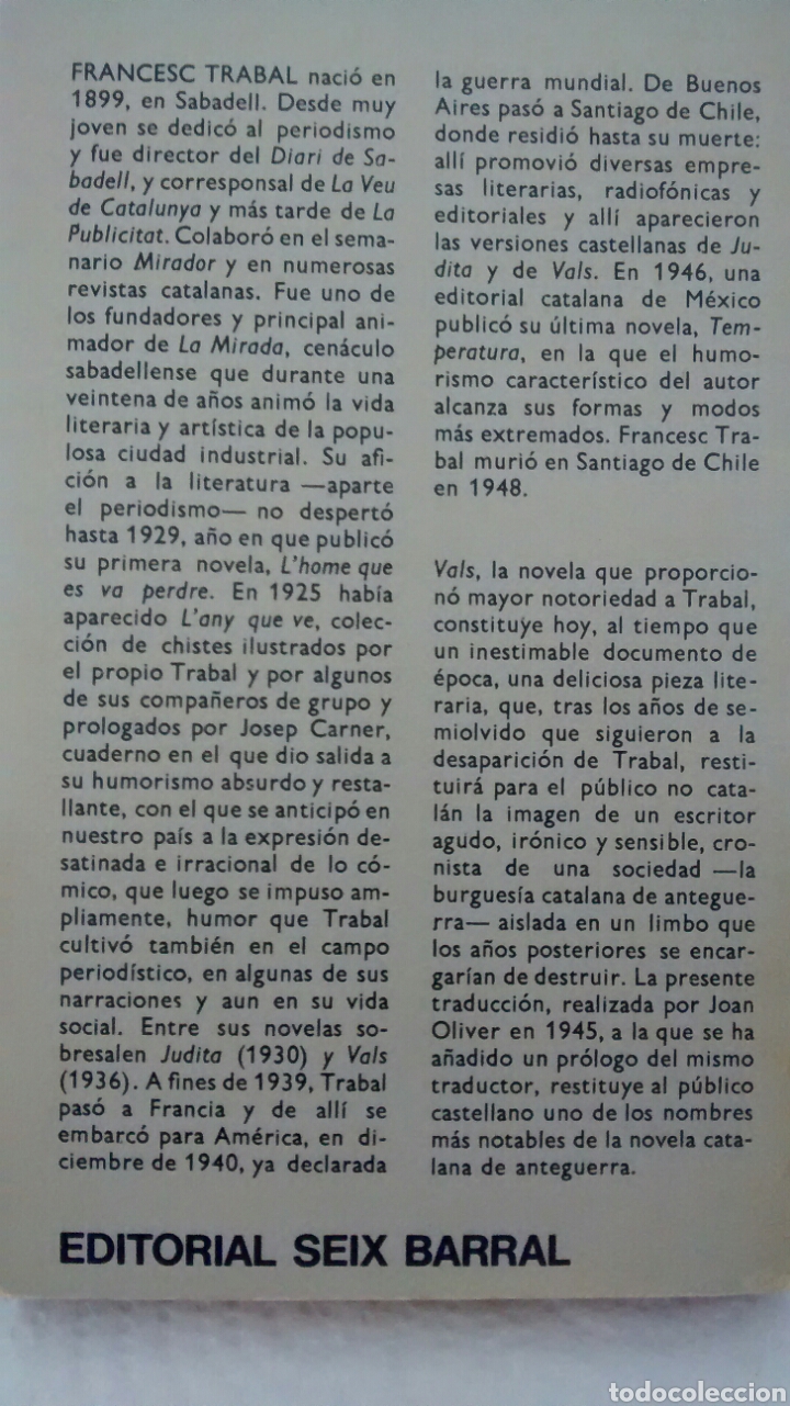 Libros de segunda mano: VALS DE FRANCESC TRABAL (SEIX BARRAL) - Foto 2