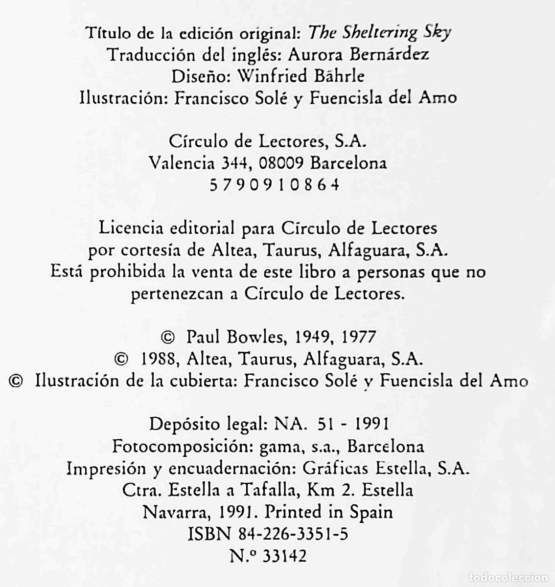Libros de segunda mano: El cielo protector (Paul Bowles) C&iacute;rculo de lectores - Foto 2