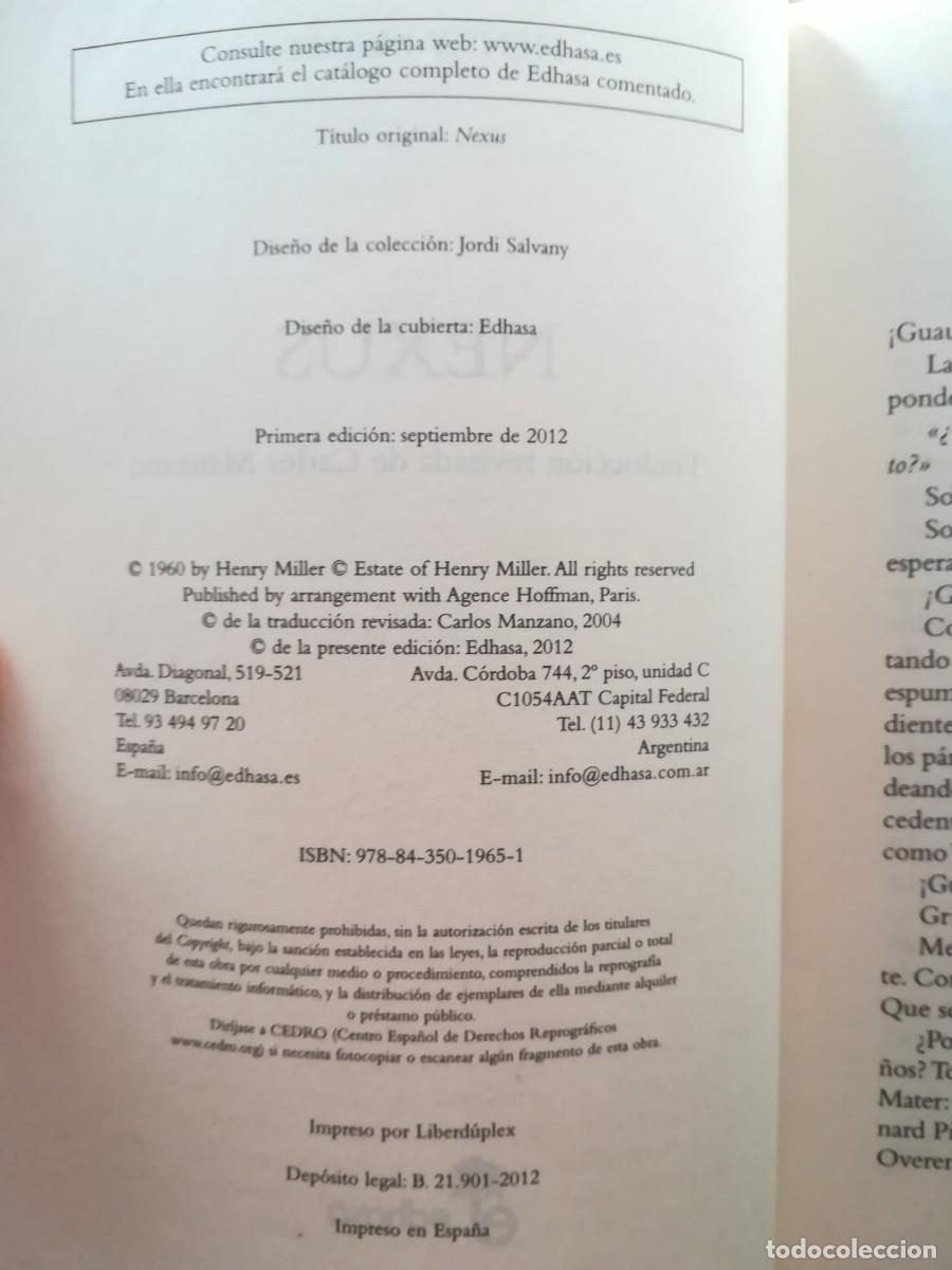 Libros de segunda mano: Nexus. Henry Miller. Edhasa 2012 - Foto 3