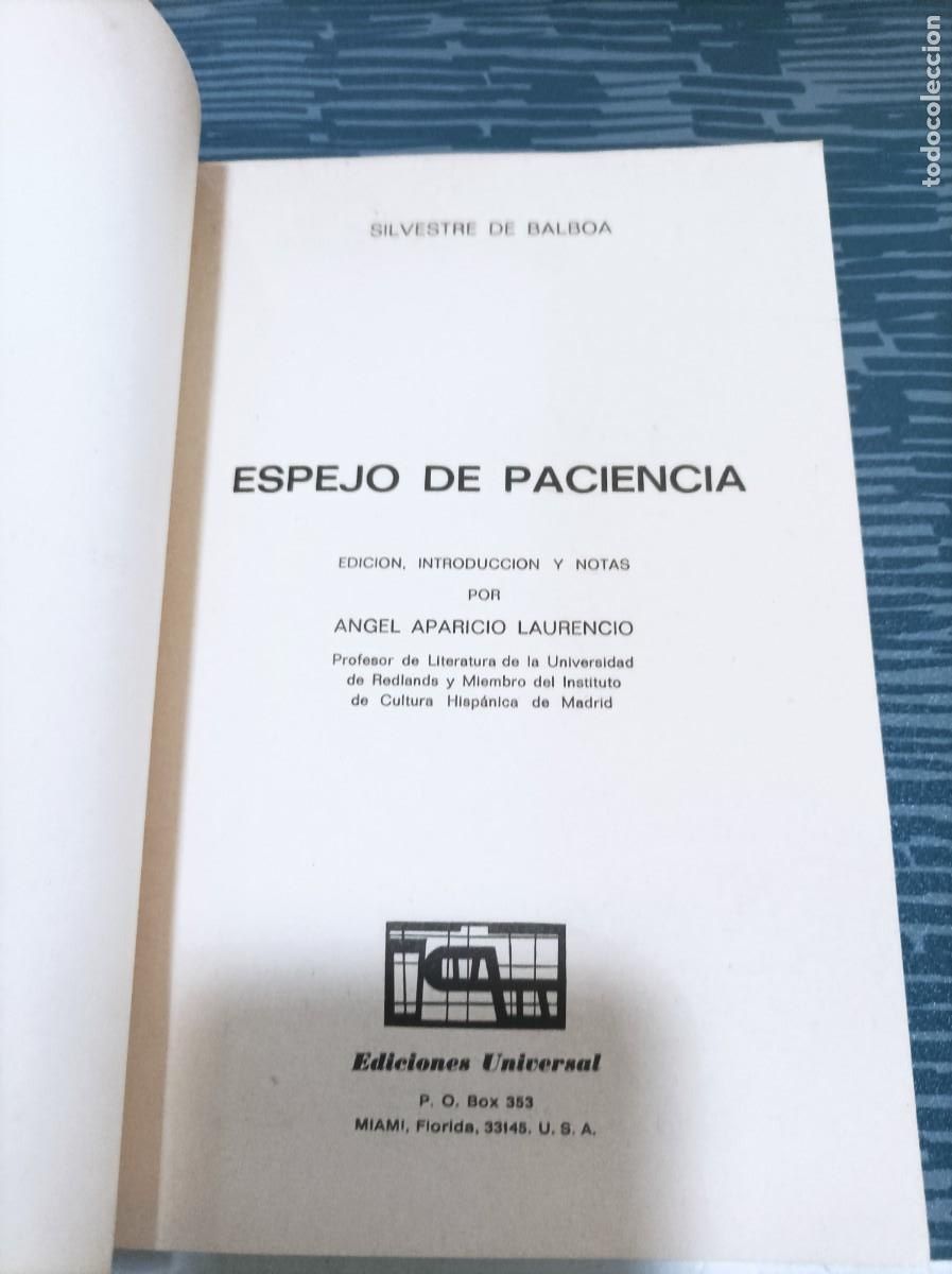 Second hand books: ESPEJO DE PACIENCIA,SILVESTRE DE BALBOA, EDICIONES UNIVERSAL,1970,91 PAG