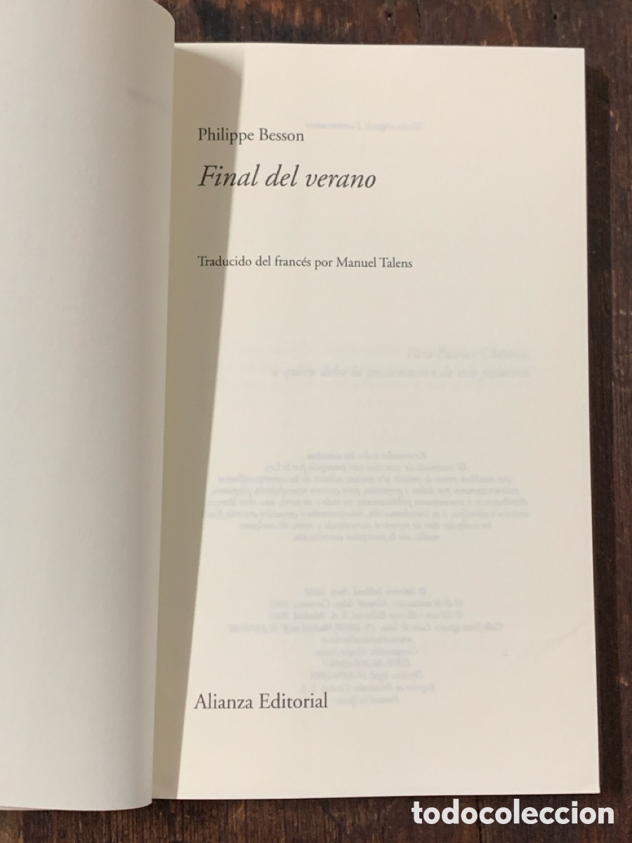 Libros de segunda mano: Final Del Verano, Philippe Besson - ALIANZA 2005 - Foto 2