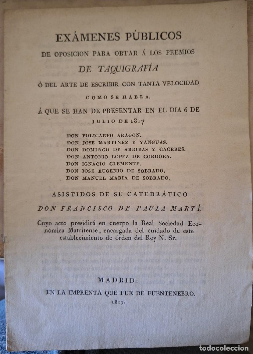 Livres d'occasion: EXAMENES PUBLICOS DE OPOSICION PARA OBTAR A LOS PREMIOS DE TAQUIGRAFIA O DEL ARTE DE ESCRIBIR CON TA
